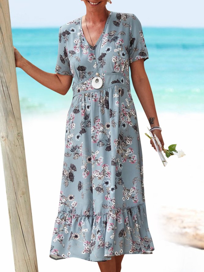 Summer Floral Midi Dress Plus Size Short Sleeve Weaving Dress