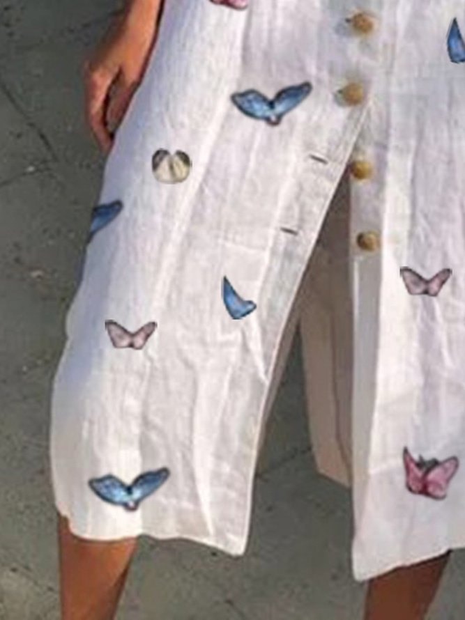 Butterfly Shirt Collar White Women  Linen Weaving Dress