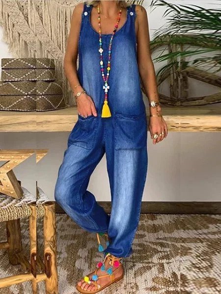 Casual U-Neck Sleeveless Denim Jumpsuits