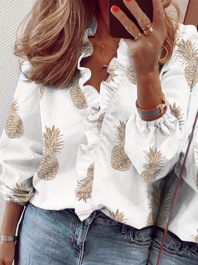 Women Casual Vintage Loosen V Neck Long Sleeve Ruffled Blouse