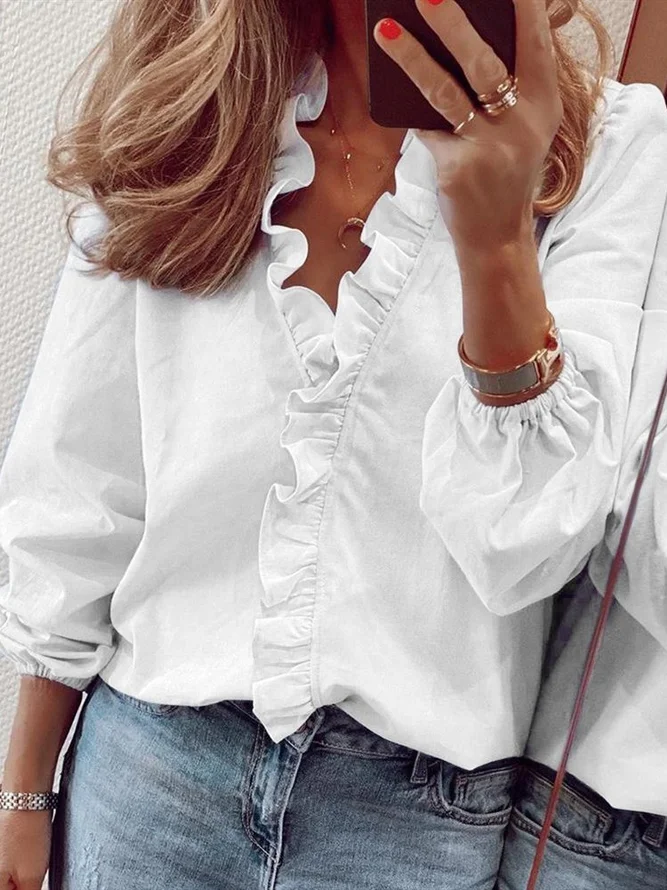 Women Casual Vintage Loosen V Neck Long Sleeve Ruffled Blouse