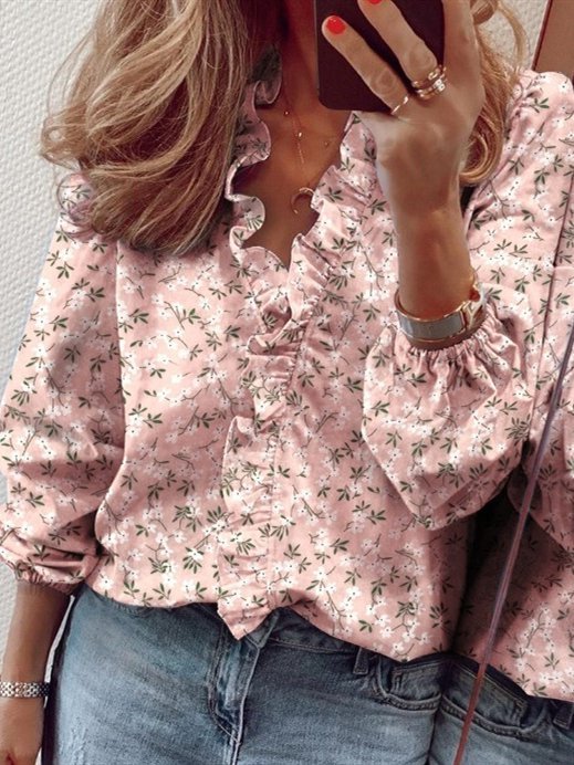 Women Casual Vintage Loosen V Neck Long Sleeve Ruffled Blouse