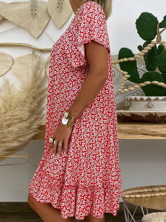 Red A-Line Cotton-Blend Short Sleeve Floral Weaving Dress