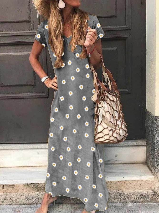 Summer casual retro little daisy printed short-sleeved V-neck dress