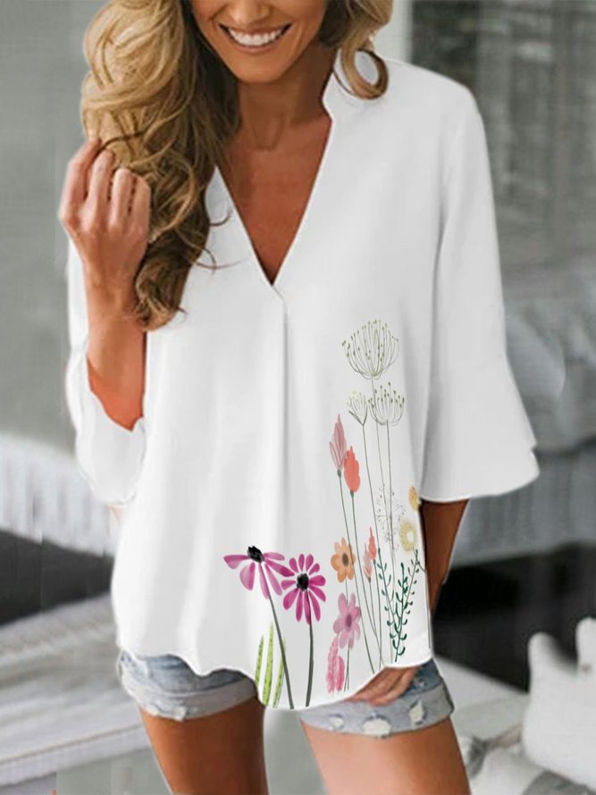 V Neck 3/4 Sleeve Floral Shirt