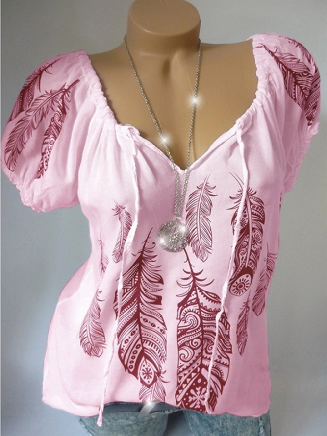 Short Sleeve Cotton Printed Leaves Top