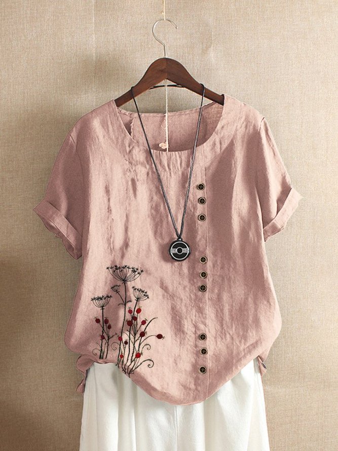 Causal Plus Size Crew Neck Cotton Floral Buttoned Roll Up Short Sleeve Blouse