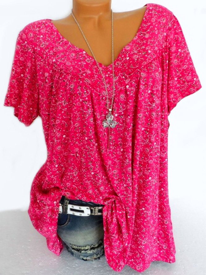 Casual V Neck Floral Short Sleeve Top