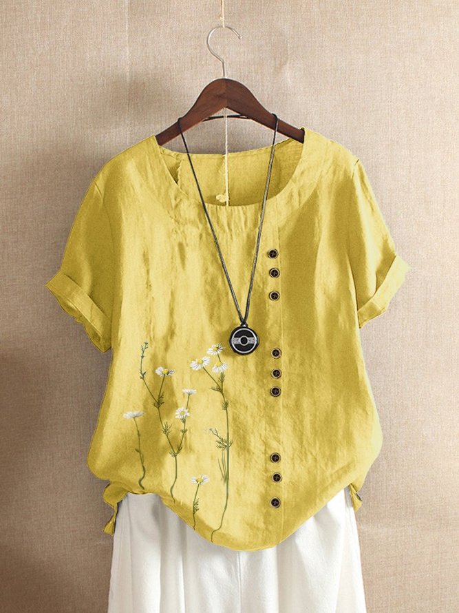 Women Crew Neck Plus Size Floral Buttoned Roll Up Short Sleeve Blouse