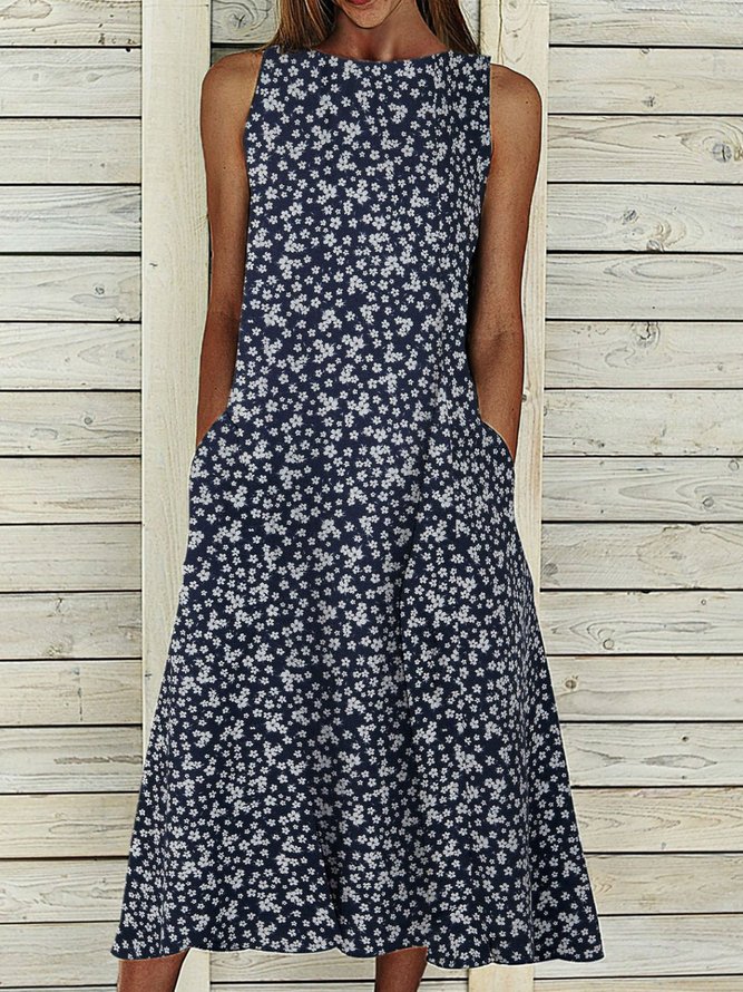 Women Floral Pockets Maxi Dress Crew Neck Sleeveless Dress