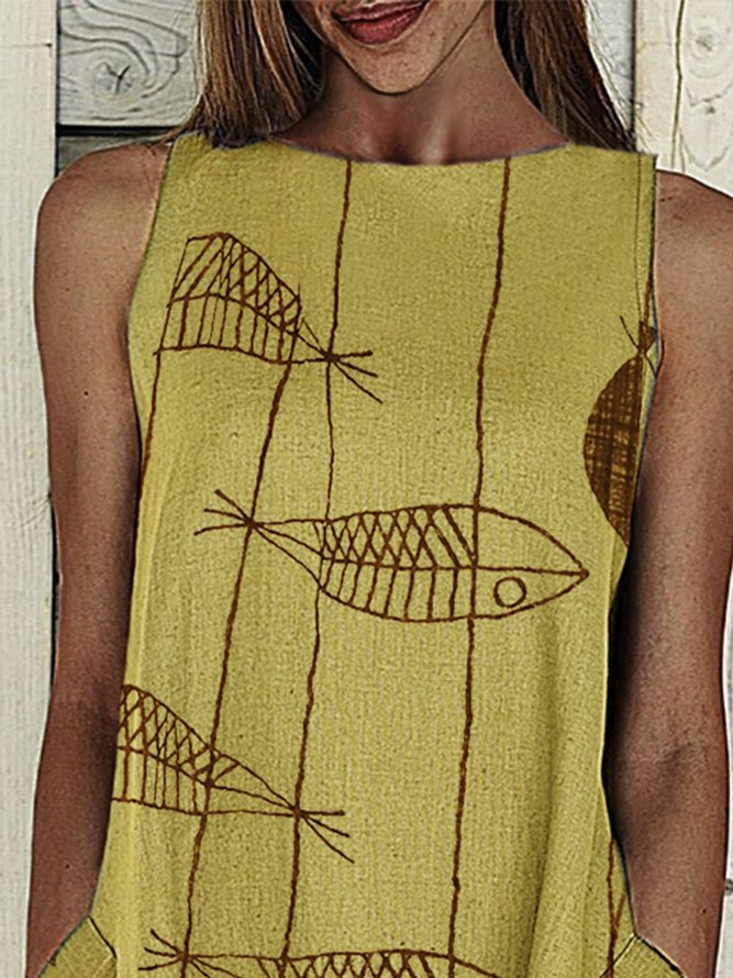 Summer Sleeveless Midi Dress Pockets Plus Size Printed Weaving Dress