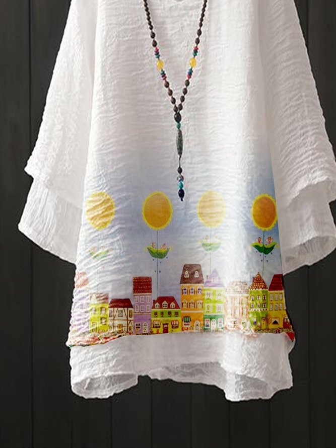 White Cotton-Blend Crew Neck Casual Floral Shirt