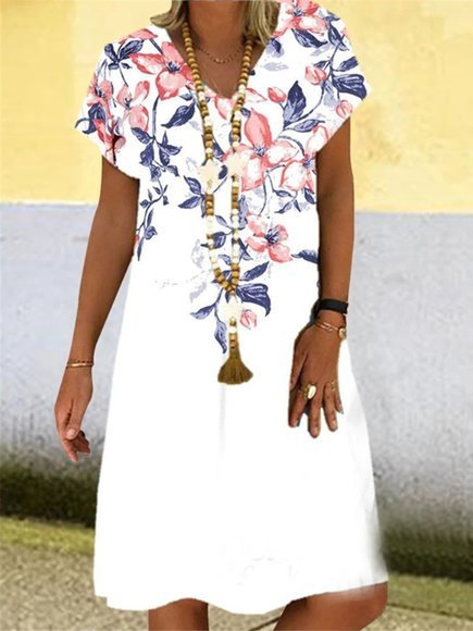 V Neck Short Sleeve Floral-Print Weaving Dress