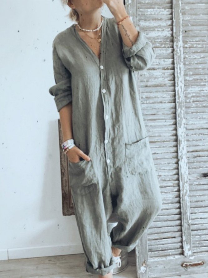 Light Gray 3/4 Sleeve Plain Casual Buttoned Jumpsuits