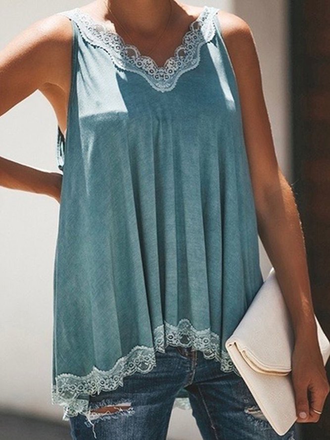 V Neck Paneled Spaghetti Stap Solid Lace Crochet Cami Top