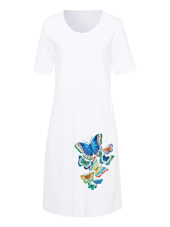Casual Butterfly Print Pocket Midi Weaving Dress