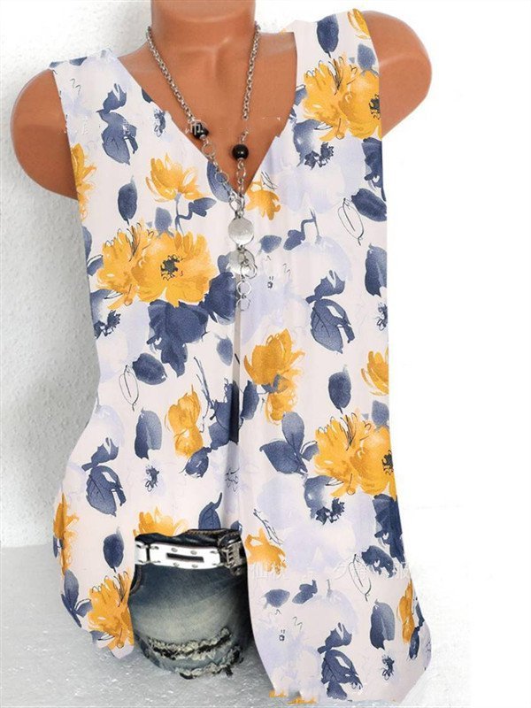 Floral Casual V Neck Tank & Cami Top Printed blouse