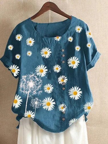 Plus Size Short Sleeve O-Neck Daisy Printed T-Shirt