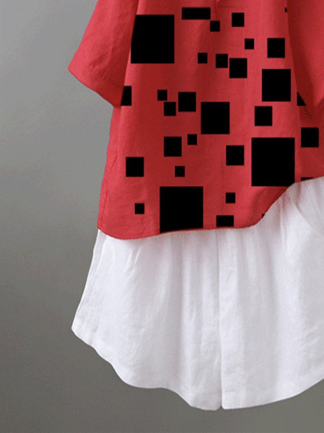 Red Cotton-Blend Short Sleeve Geometric Top