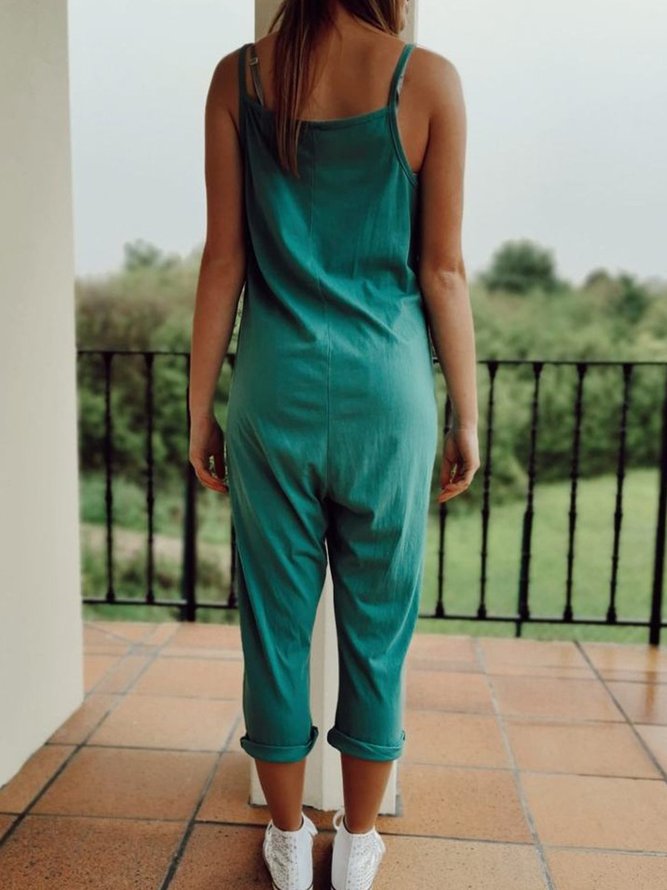 Womens Green Pockets Casual Solid Color Jumpsuit