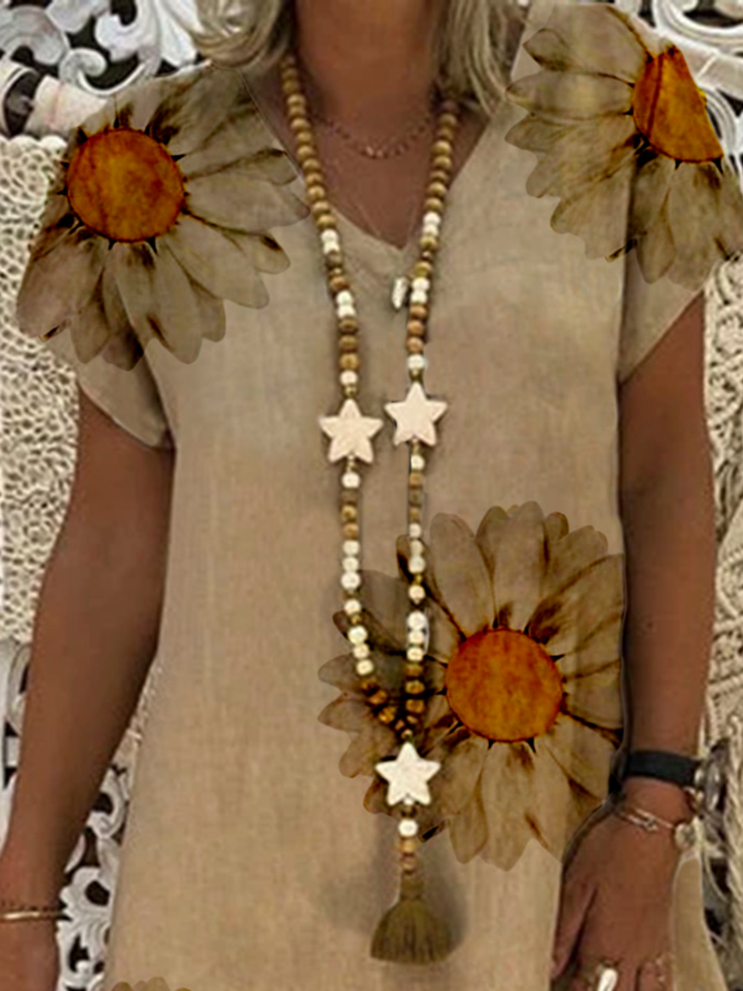 Khaki Cotton Printed V Neck Casual Dress