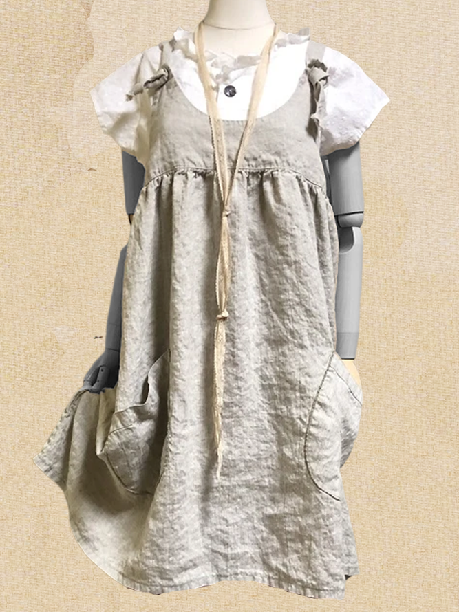 Gray Plain Spaghetti Sleeveless Cotton-Blend Weaving Dress