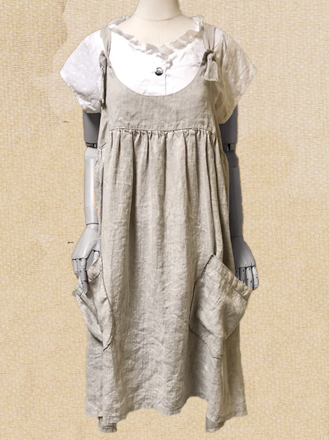 Gray Plain Spaghetti Sleeveless Cotton-Blend Weaving Dress