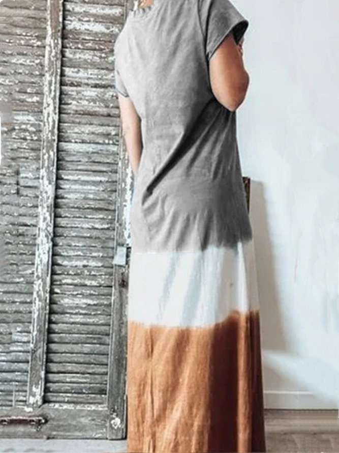 Letter Printed Colo-block V-neck Short Sleeve Maxi Dress