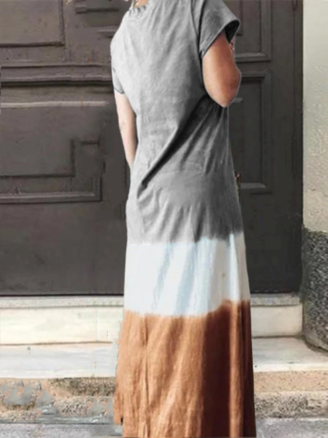 Letter Printed Colo-block V-neck Short Sleeve Maxi Dress