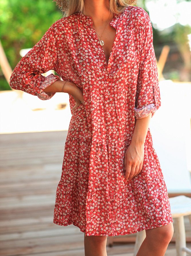 Rose Casual Floral V Neck Dress