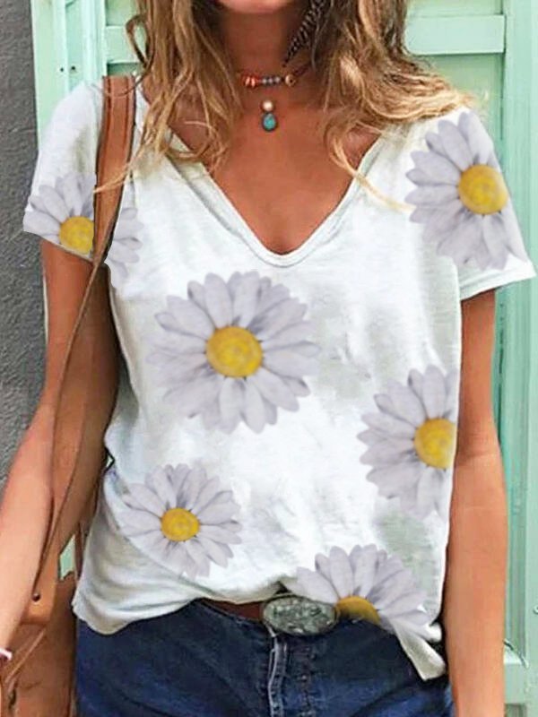 Women Short Sleeve V Neck  SunflowerPrint Short Sleeve T-Top