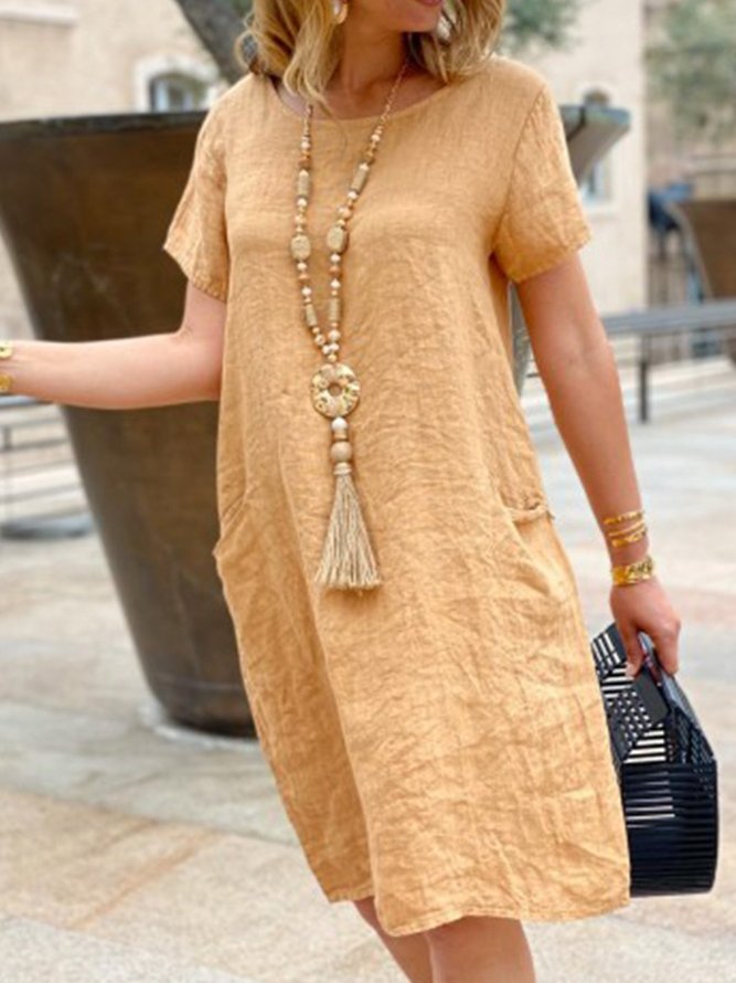 Light Yellow Short Sleeve Vintage Casual Weaving Dress