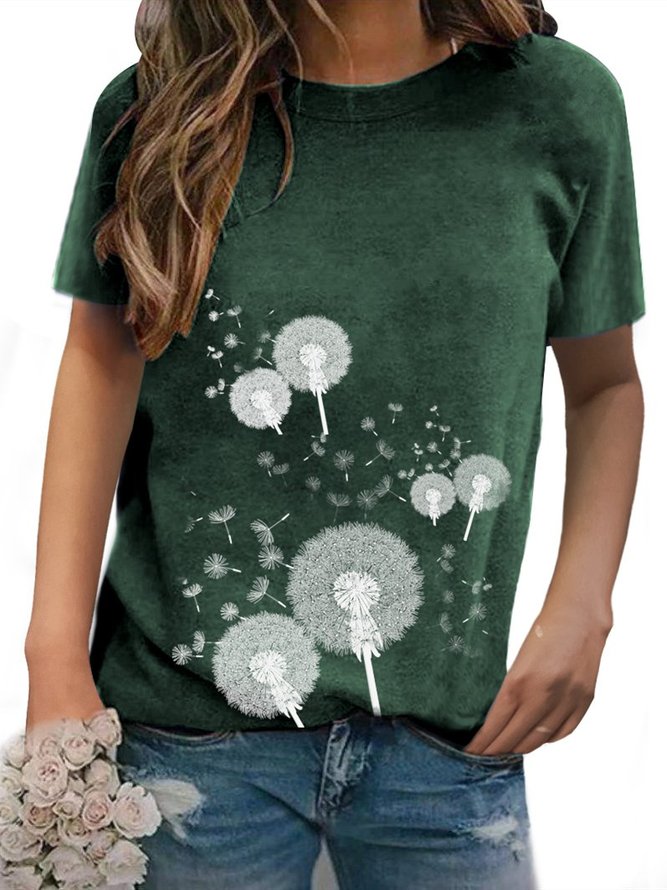 Dandelion Print Crew Neck Casual T-Shirts & Tops | roselinlin