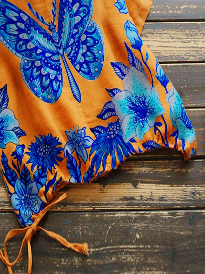 Orange Floral-Print Short Sleeve Top