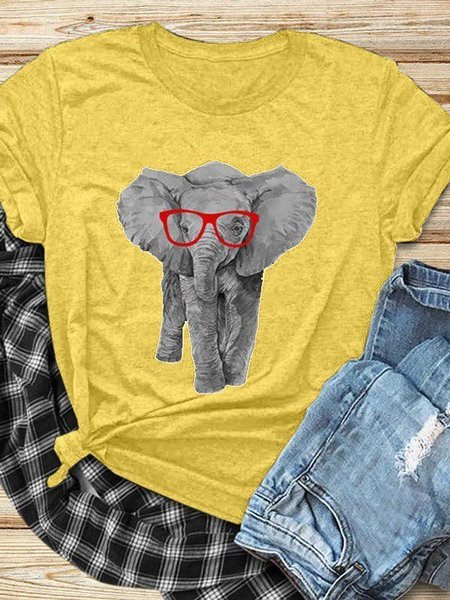 Printed Short Sleeve Crew Neck Cotton-Blend Top