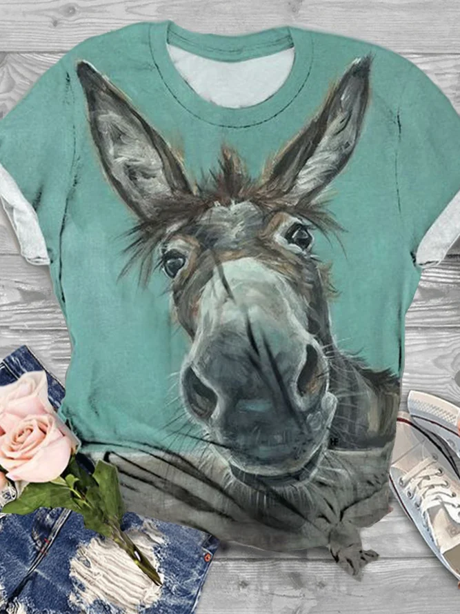Plus Size Cotton-Blend Animal Crew Neck Short Sleeve T-shirt