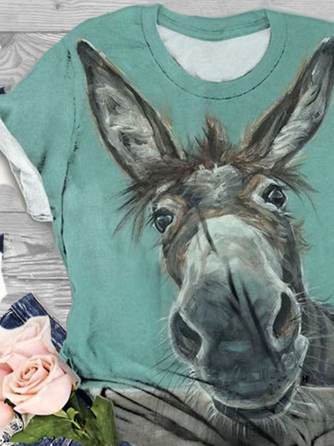 Plus Size Cotton-Blend Animal Crew Neck Short Sleeve T-shirt
