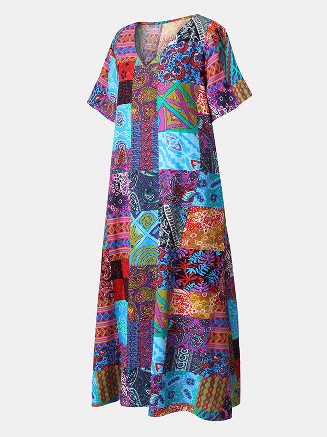 Vintage Ethnic Print V-neck Maxi Dress