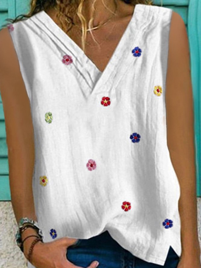 Printed V Neck Cotton-Blend Casual  Tank Top