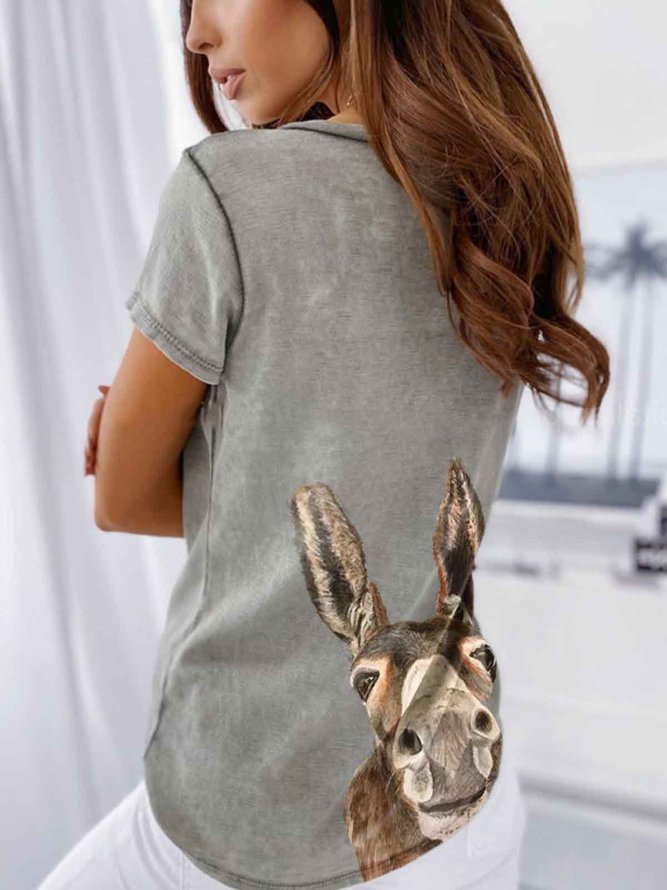 Gray Animal Short Sleeve V Neck Cotton T-shirt