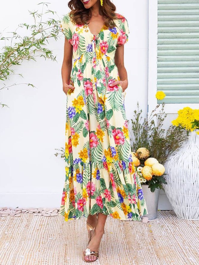 Summer Maxi Dress Pockets Plants Weaving Dress | roselinlin