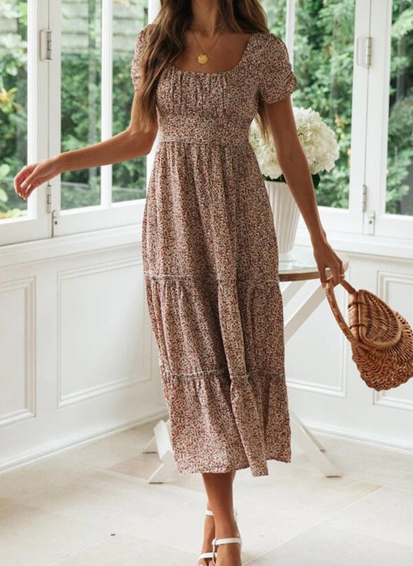 Short Sleeve Cotton-Blend Floral Knitting Dress