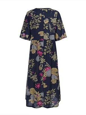 Crew Neck Floral Half Sleeve Holiday Maxi Weaving Dress
