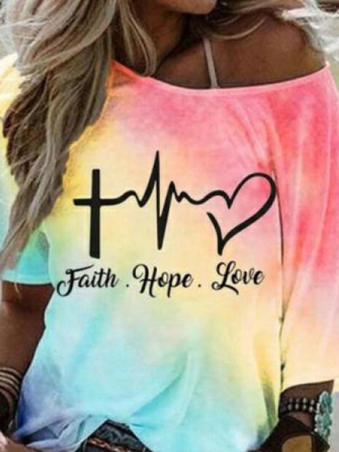 Ombre Daily Casual Ombre/tie-Dye Letter Short Sleeve Shift T-shirt