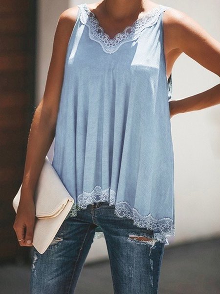 V Neck Paneled Spaghetti Stap Solid Lace Crochet Cami Top