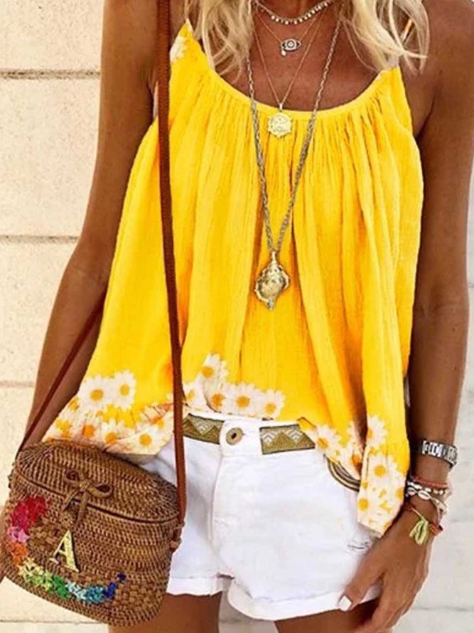 Yellow Sleeveless Printed Strapless Cotton Cami Top