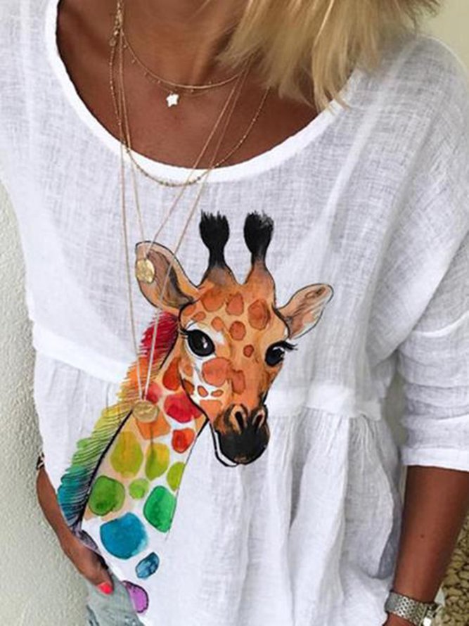 White Casual Daily Animal Printed Cotton-Blend A-Line T-shirt