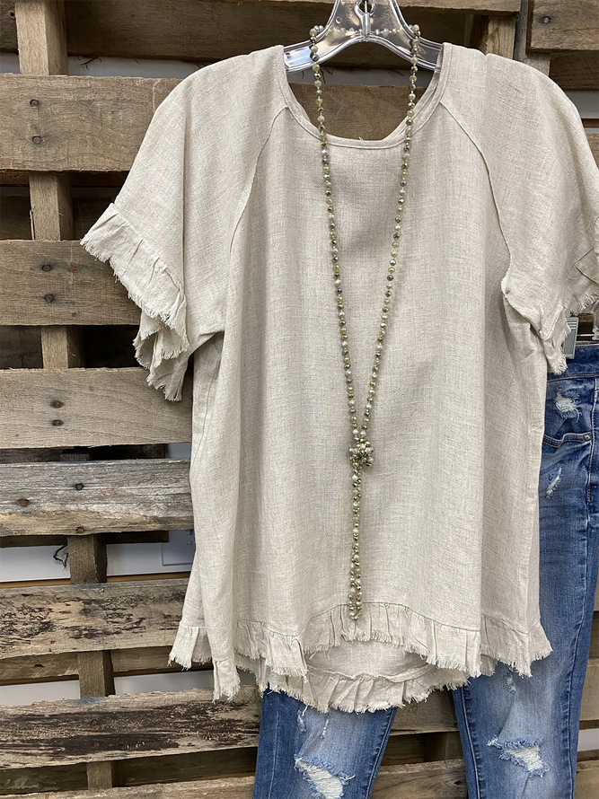 Khaki Casual Plain Linen T-shirt