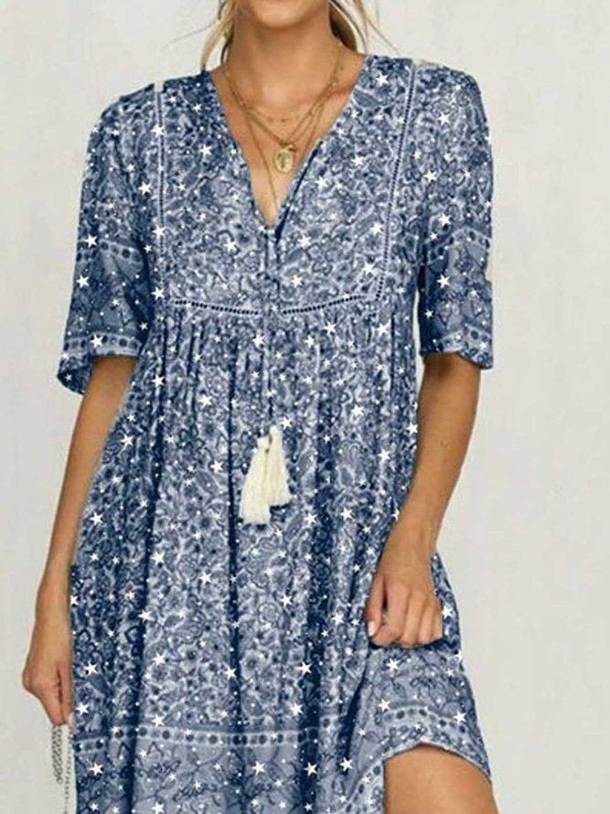 Blue Cotton Printed Short Sleeve Patchwork Dress