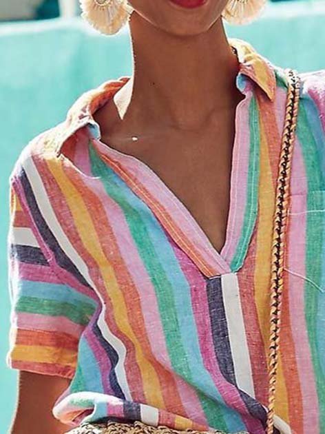 Color Cotton Short Sleeve Stripes Shirt